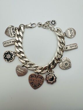 Retired Brighton Charm Bracelet Chunky Silver Dream Believe Smile Heart 8”